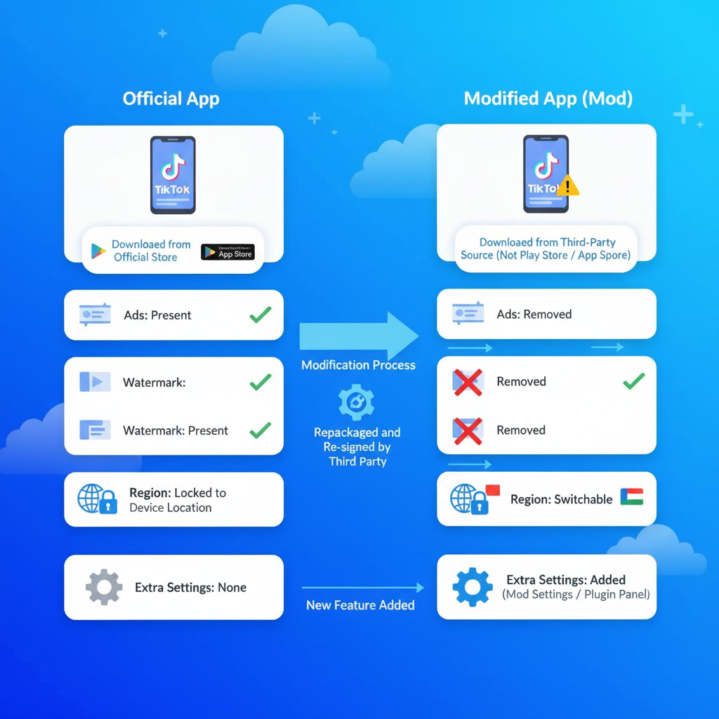 Diagram comparing an official TikTok app to a modified TikTok mod APK and its altered code