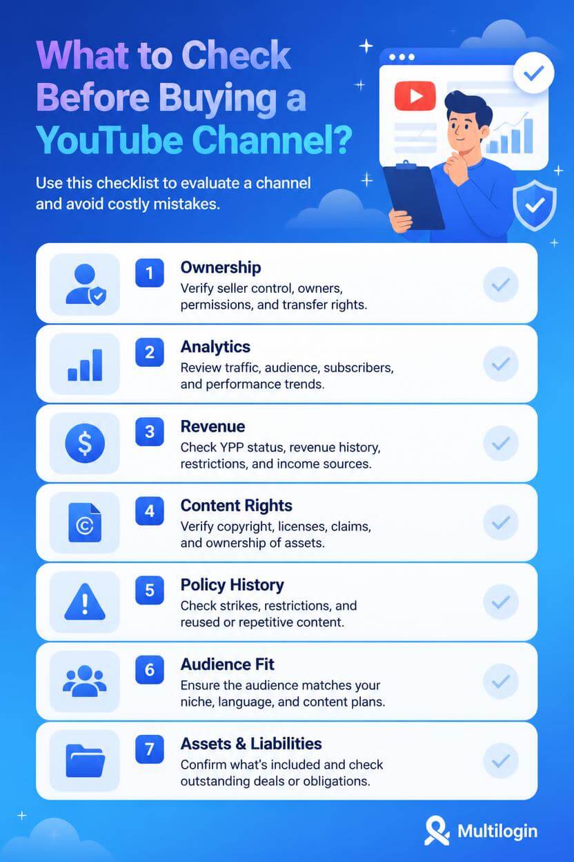 What should you check before buying a YouTube channel?