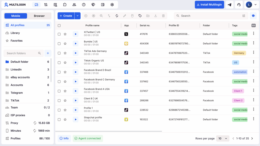 Multilogin dashboard