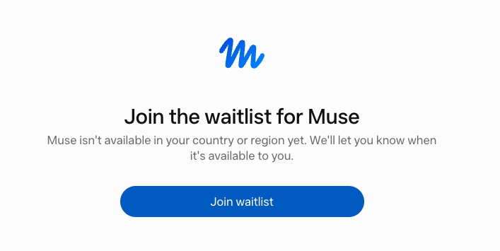 Muse AI waitlist screen shown when you try to create a Muse AI agent account outside the US