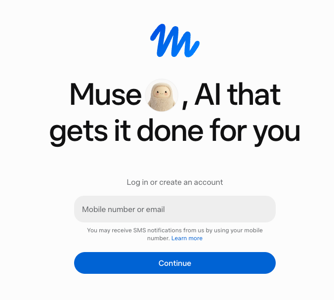 muse.ai home page with the Sign up button for creating a Muse AI agent account