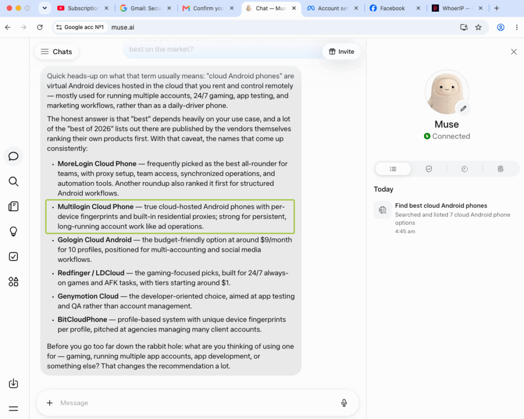 Muse AI agent recommends Multilogin when asked about the best cloud phone platforms