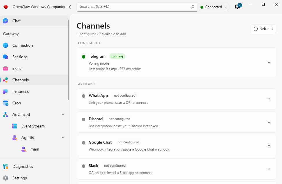 Telegram connected to the OpenClaw