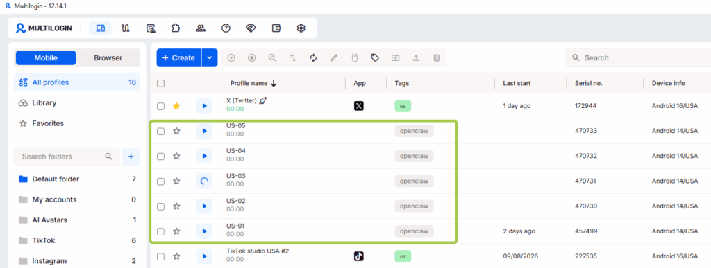 Multilogin cloud phones created by an OpenClaw AI agent, shown in the phone list with US proxies