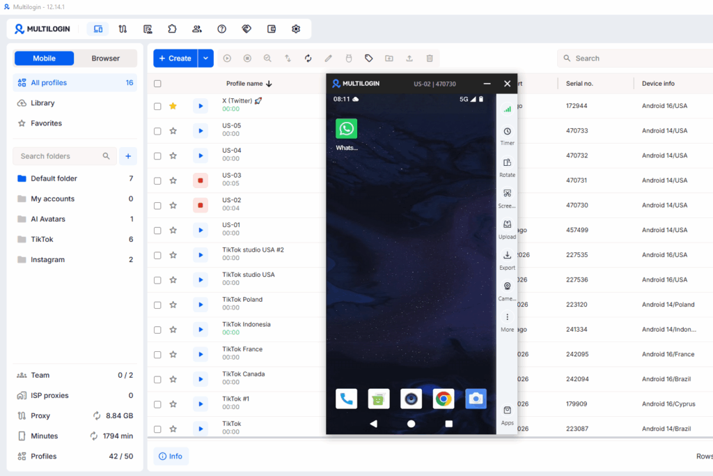 WhatsApp installed on a Multilogin cloud phone by an OpenClaw AI agent