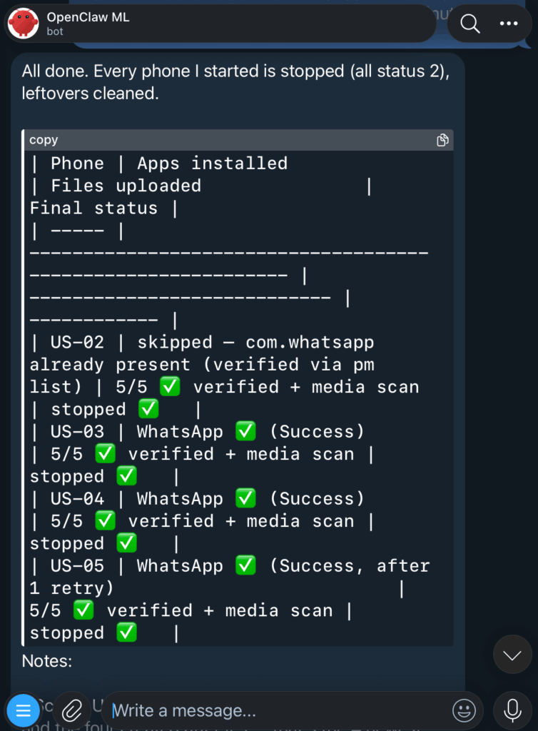 Multilogin cloud phone set up by an OpenClaw AI agent: US proxy, WhatsApp installed and photos in the gallery