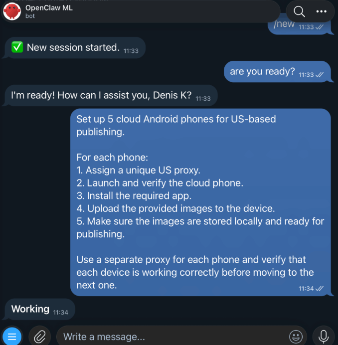 OpenClaw agent via Telegram is working with Multilogin