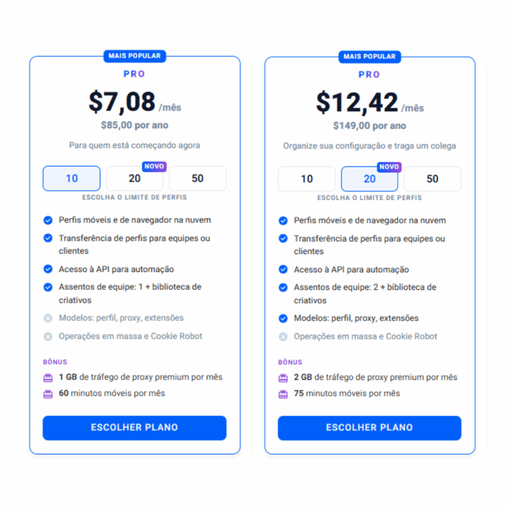 Pricing comparison between Multilogin's Pro 10 and Pro 20 subscriptions