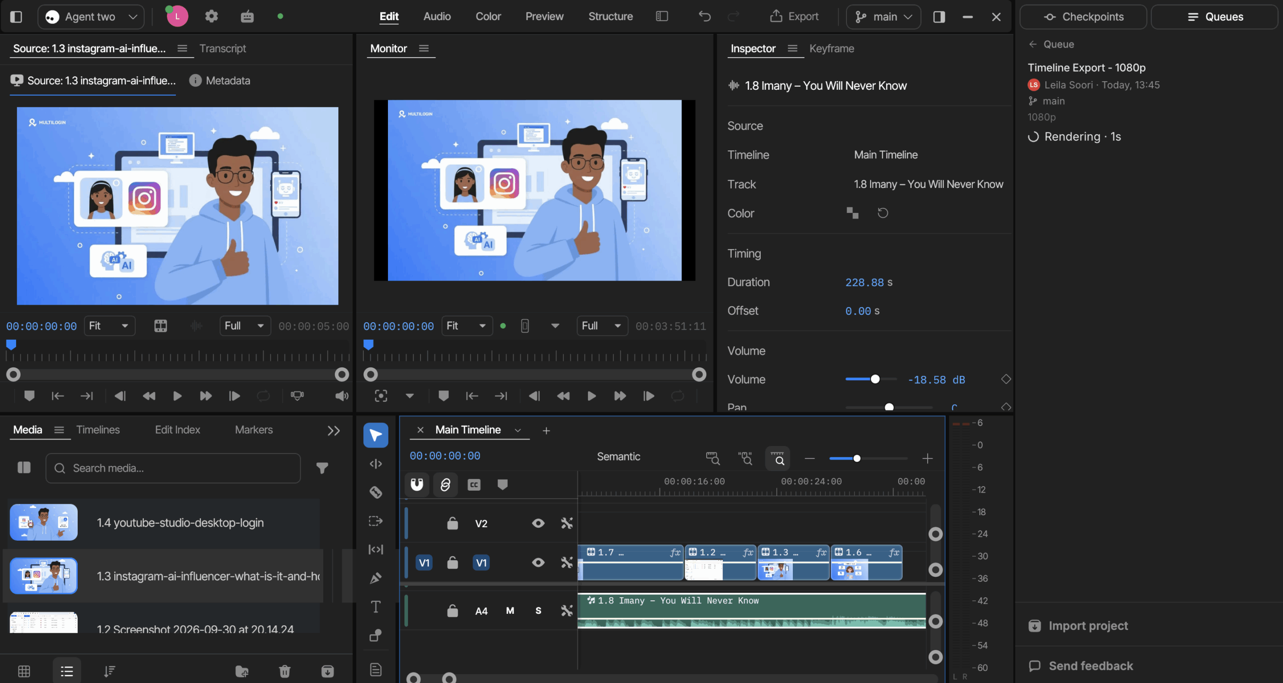 InVideo AI timeline editor showing video tracks, audio track and 1080p rendering