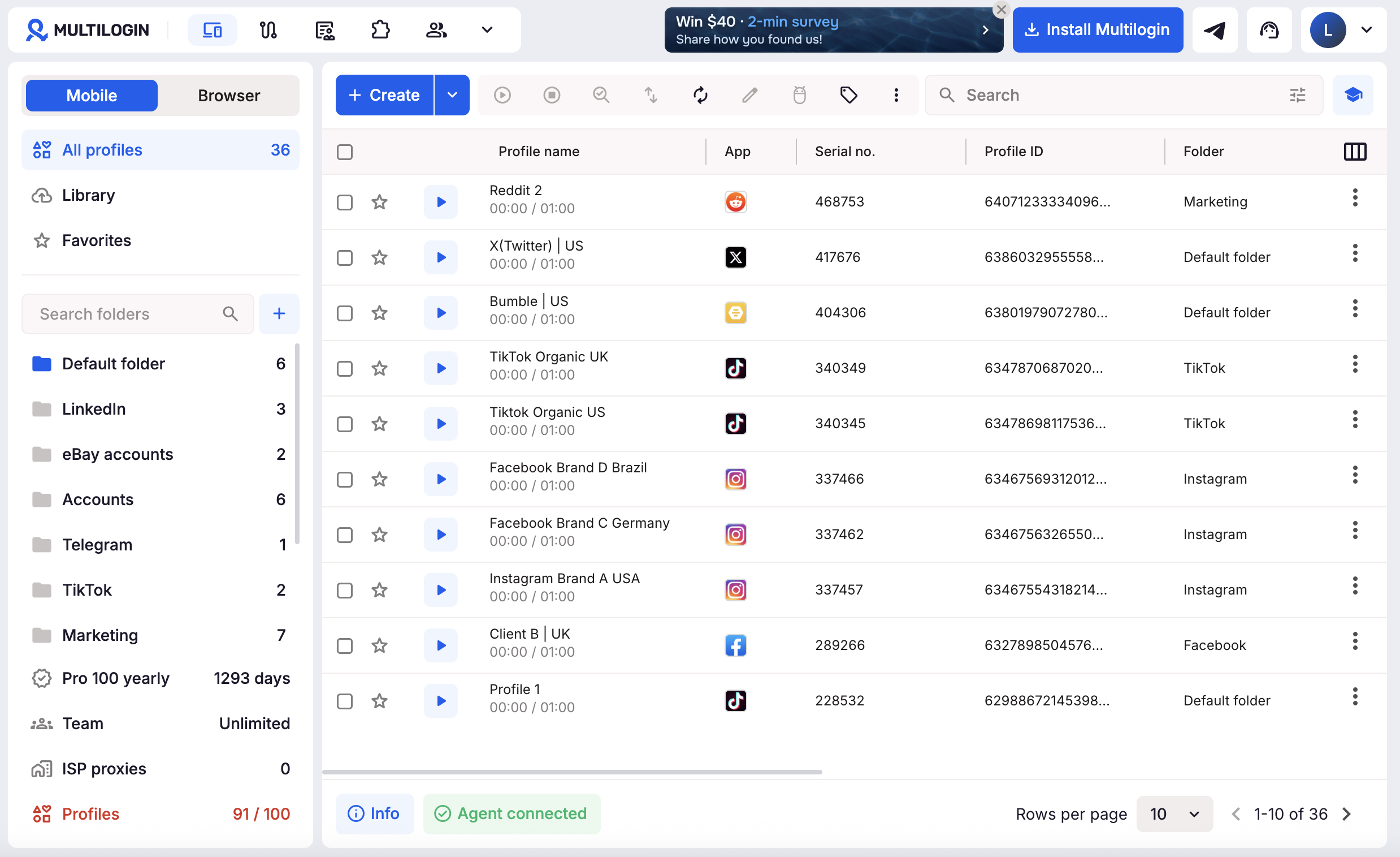 Multilogin app cloud phone dashboard