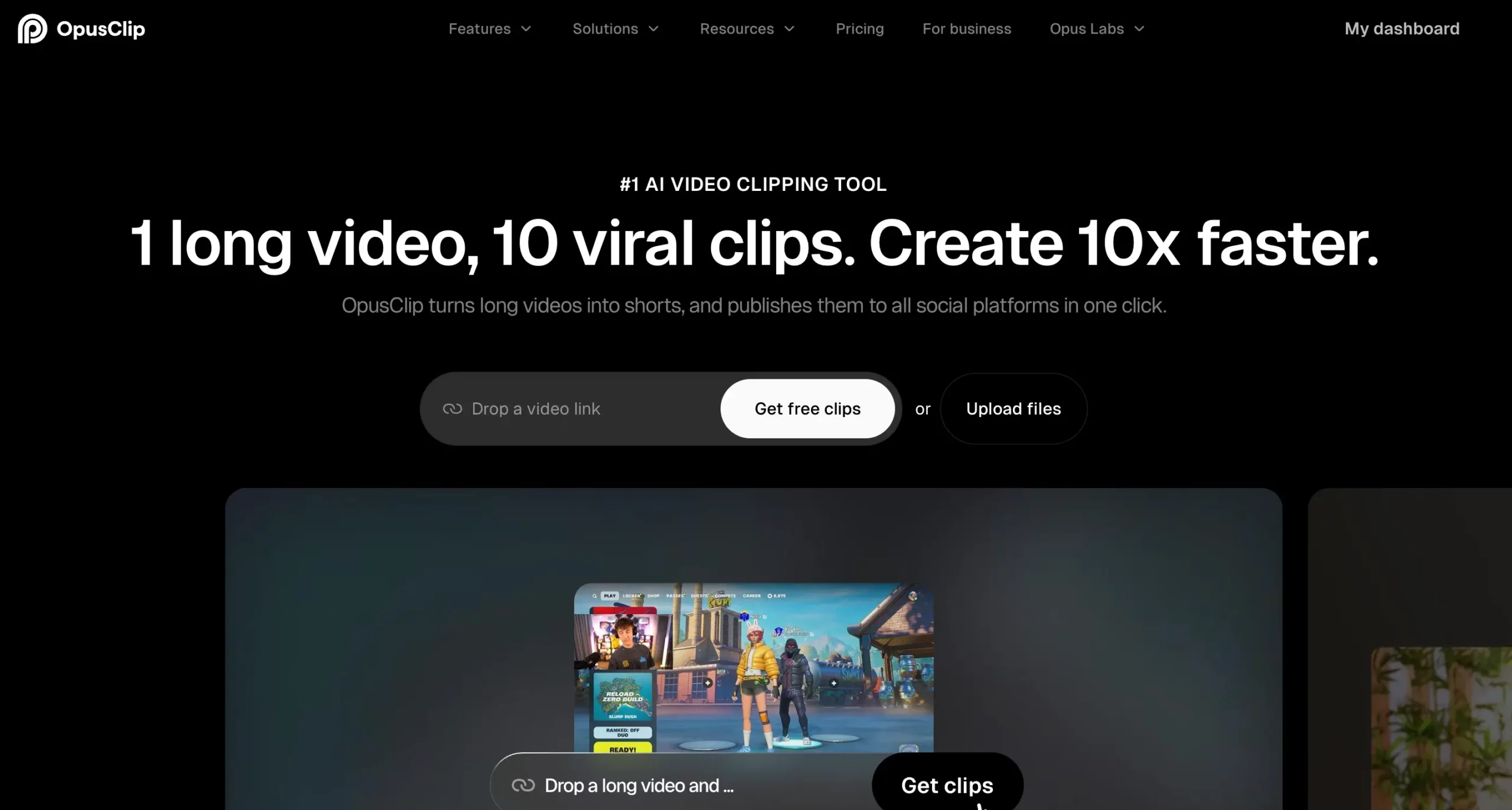 OpusClip positions its core product around turning long videos into short clips.