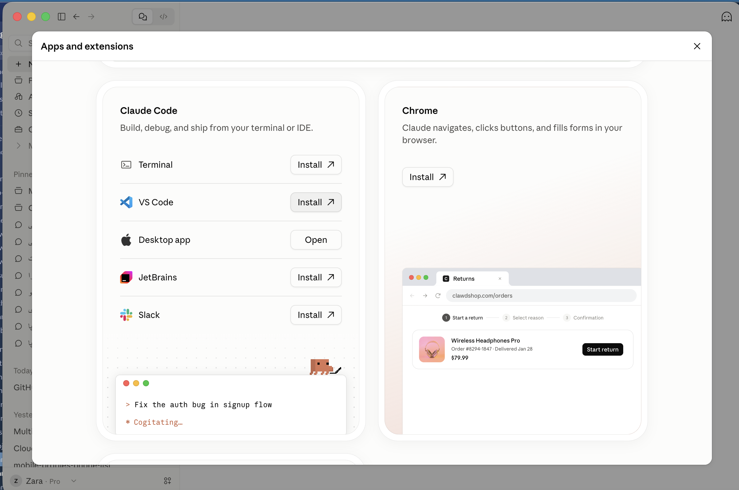The Claude Code section includes a Desktop app Open button. This leads to the Code workspace used in the test.