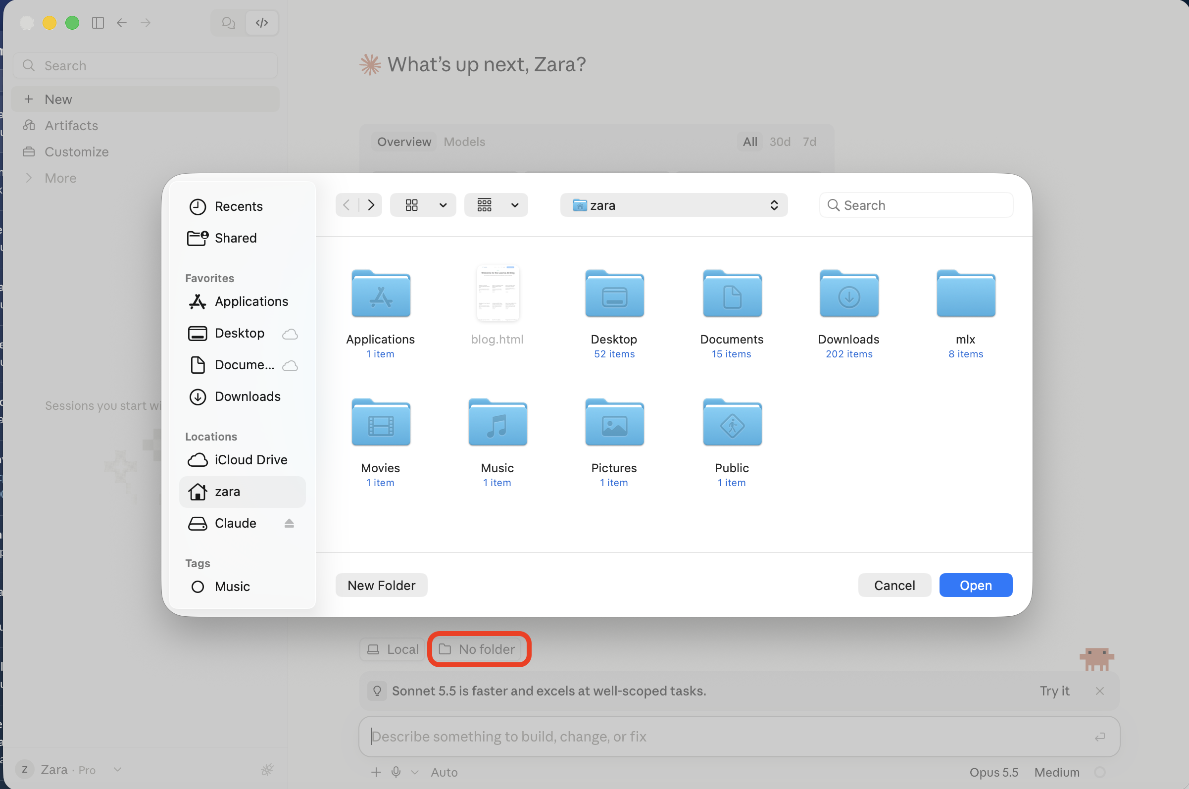 In the Mac folder picker, open Downloads or the location where you extracted the project. 