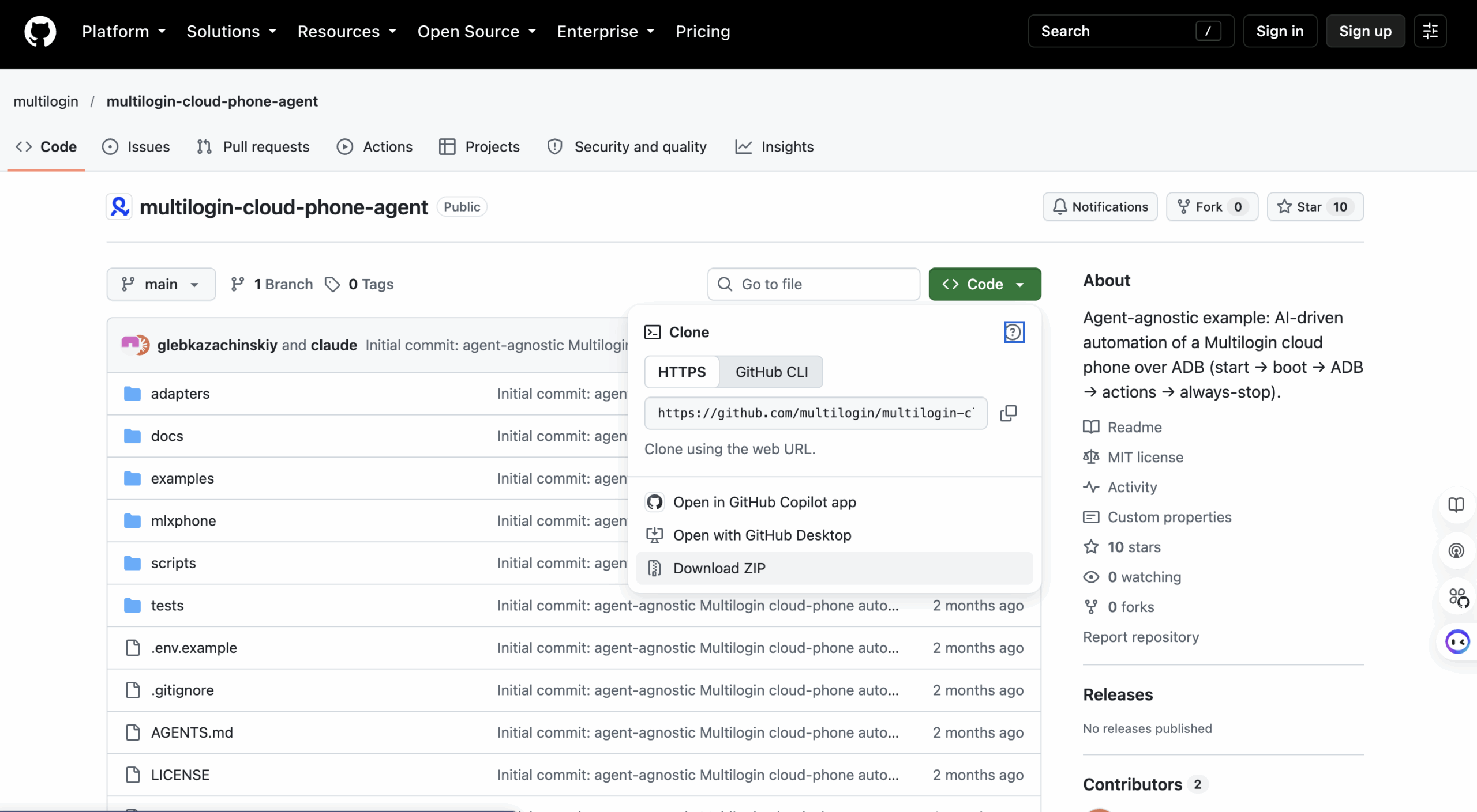Use Code, then Download ZIP on the official Multilogin repository. The green GitHub Code button downloads files; the Claude Code tab runs the assistant. 