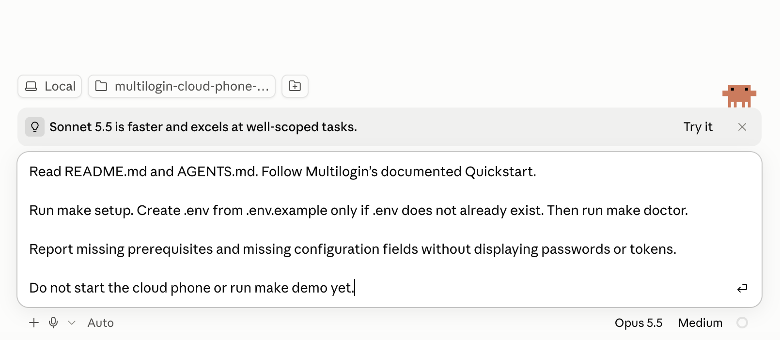 The initial setup prompt asks Claude to prepare the project, run doctor and report missing items without starting a phone.