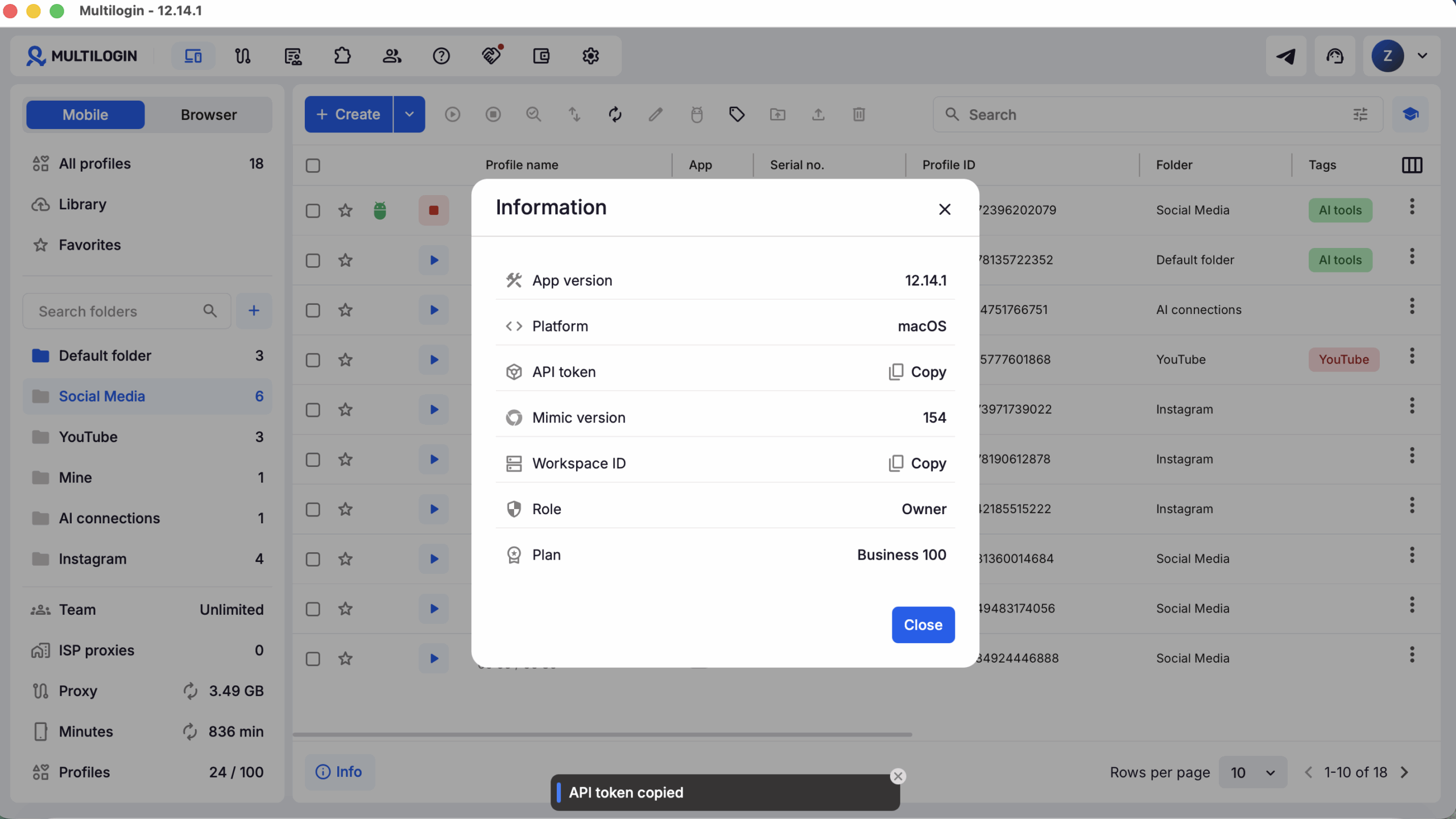 Copy the API token from Information. Workspace ID is a different value. The screenshot does not show the token itself.
