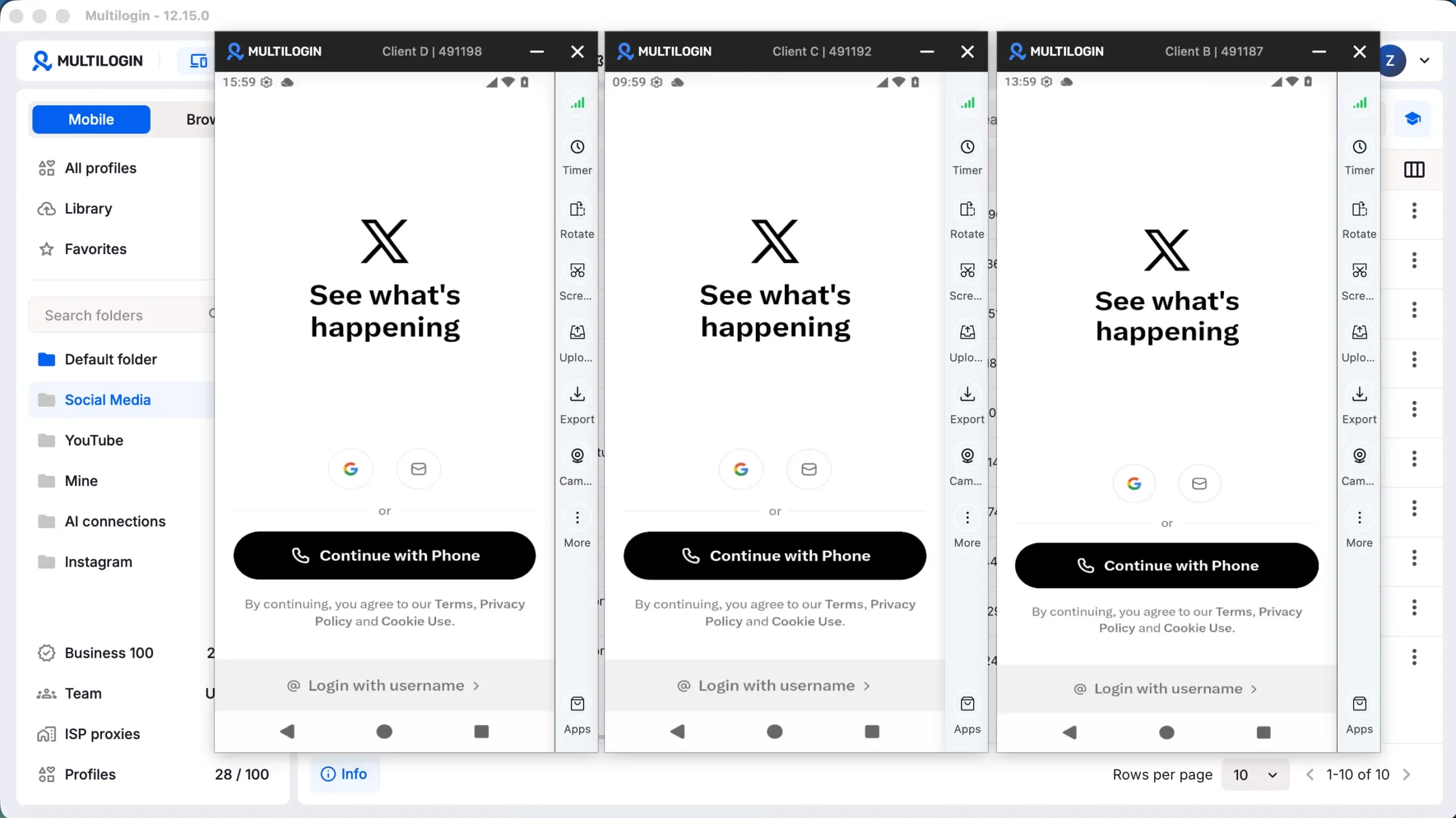 Several Multilogin cloud phone which show the X applications on the separated cloud phones, as raw screenshots for Vidu App