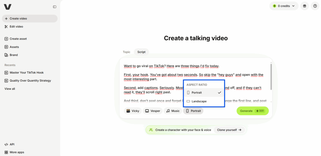 VEED talking video setup with Portrait selected and the Generate button showing 320 credits.