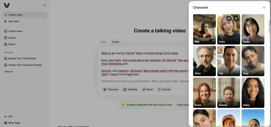 VEED Character menu showing stock AI presenters and the Clone yourself option.