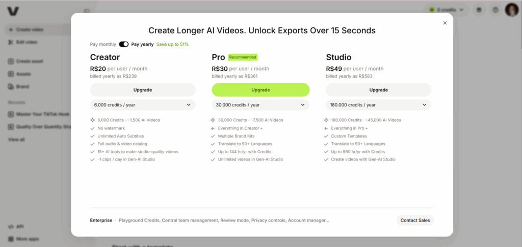 VEED upgrade window saying AI video exports over 15 seconds need a paid plan.