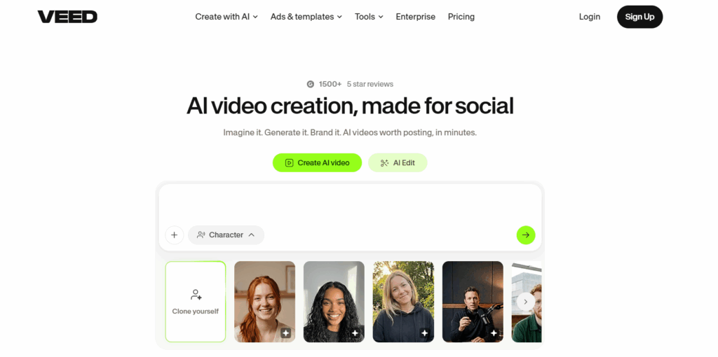 VEED homepage with the Create AI video button and a row of stock AI characters.