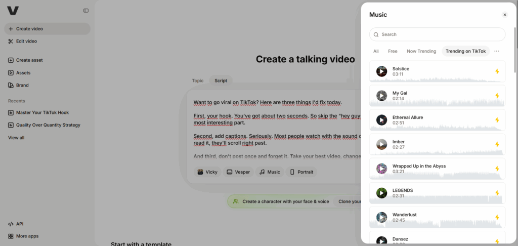 VEED Music panel with the Trending on TikTok filter and premium tracks.