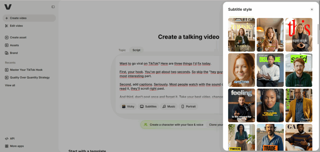VEED subtitle style gallery with caption presets for vertical video.