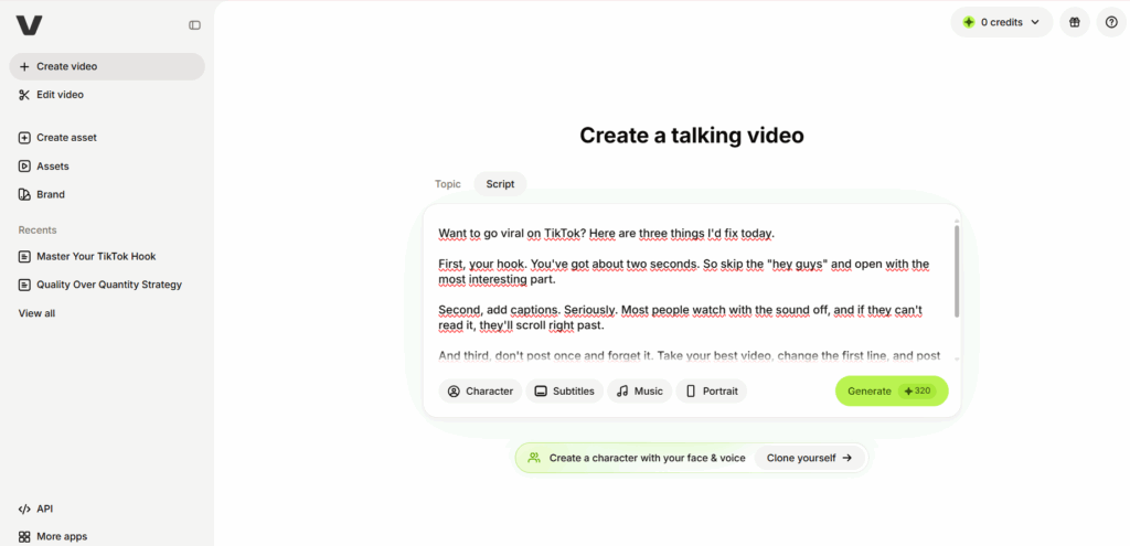 VEED Create a talking video screen with a pasted script in Script mode .