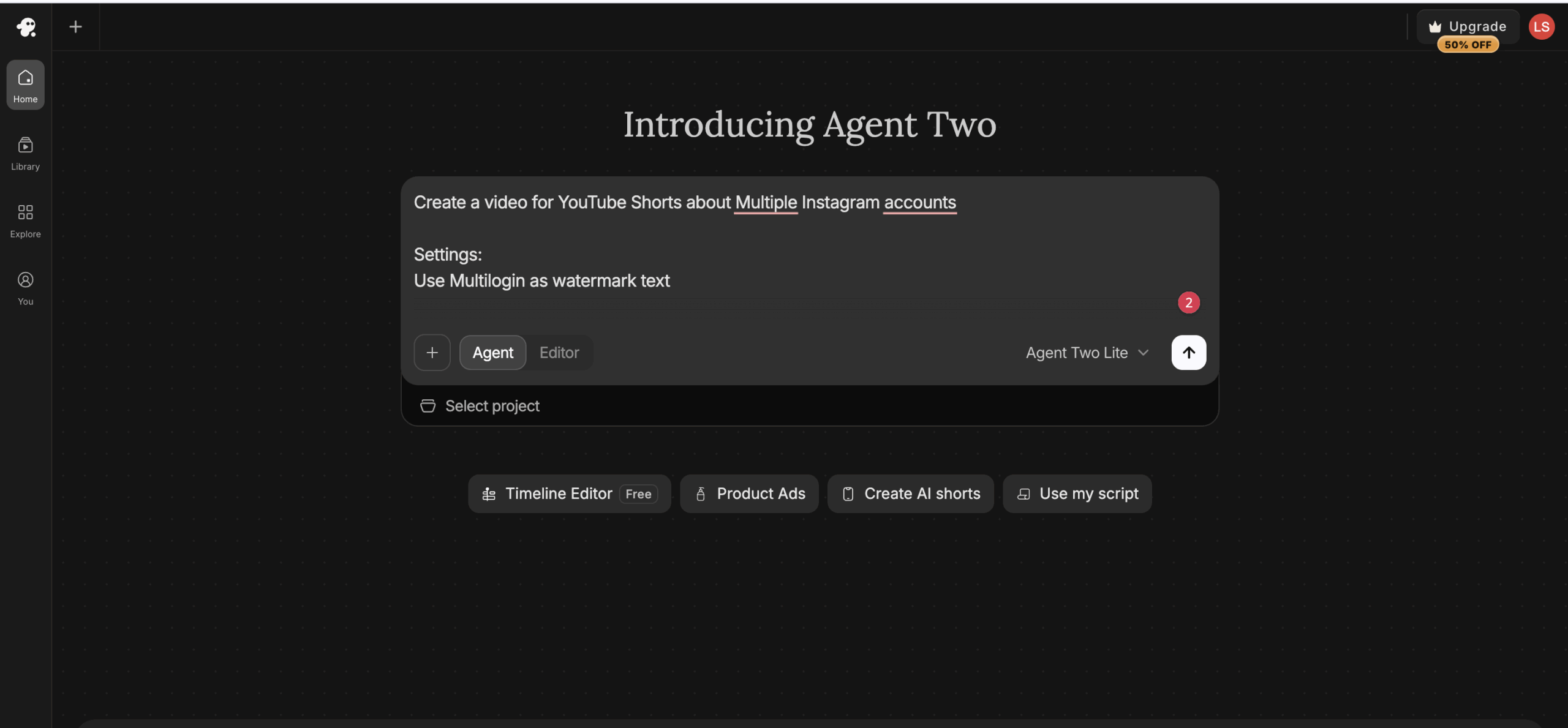 InVideo AI Agent Two Lite prompt for a YouTube Shorts video about multiple Instagram accounts