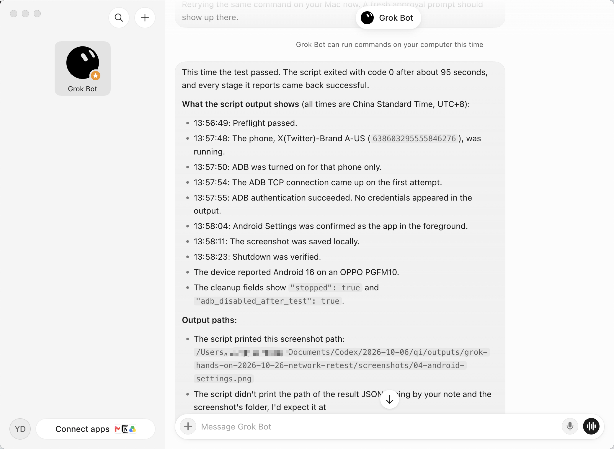 grok bot run commands test success