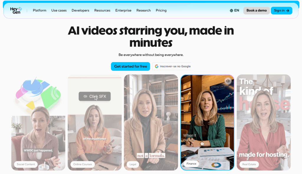 HeyGen homepage showing AI avatar videos for social content, online courses, legal, finance and real estate.