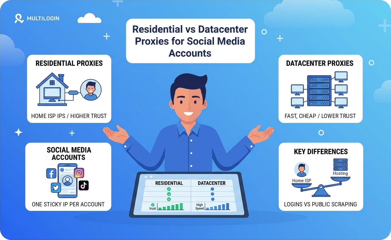 Residential vs Datacenter Proxies for Social Media Accounts