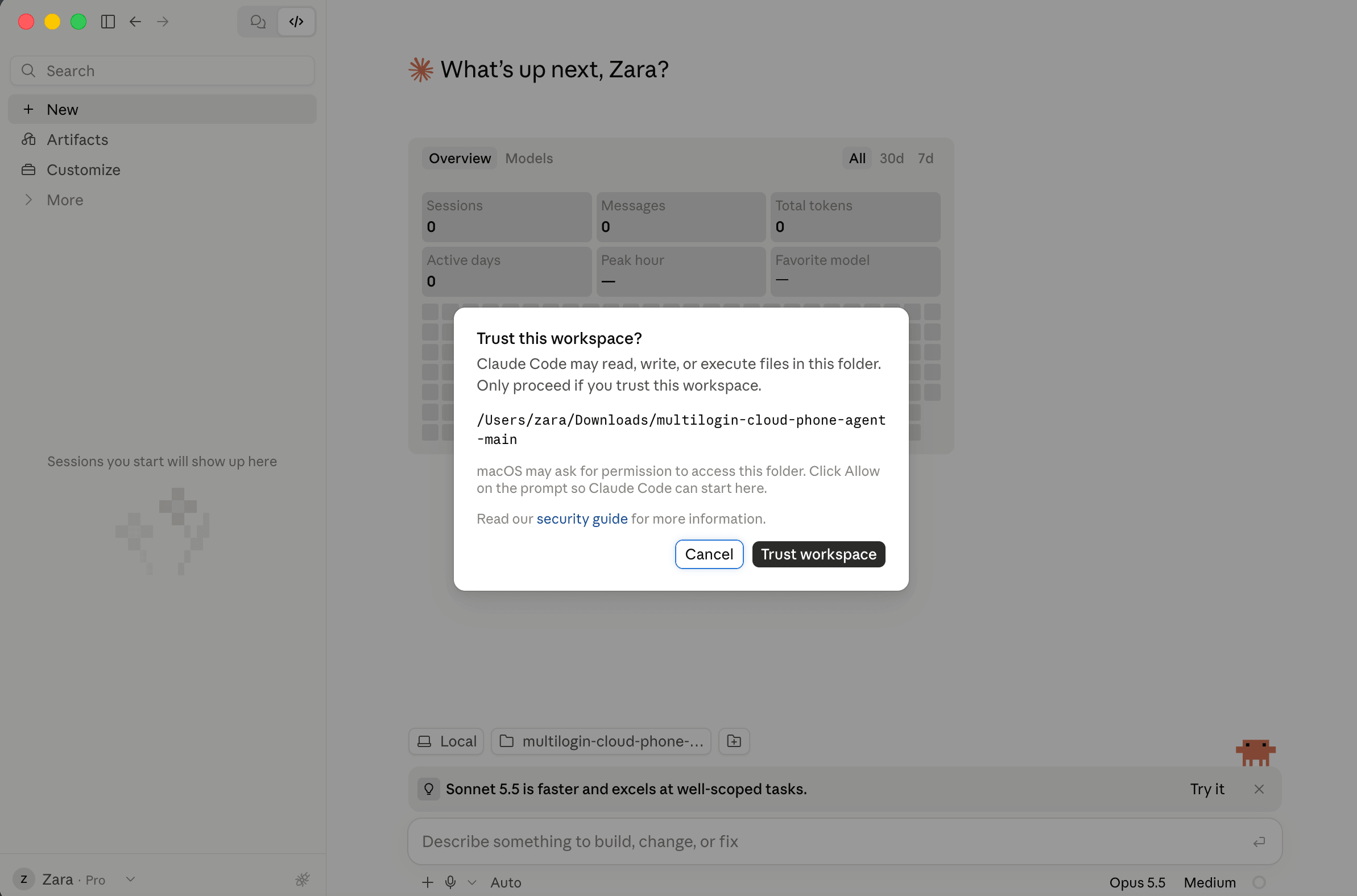 Check the project path before trusting the workspace. This authorizes work inside the selected folder. 