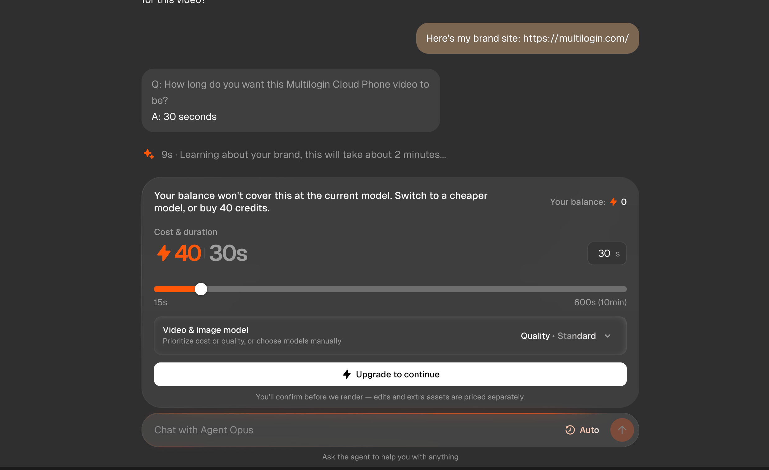 When we tried a 30-second Agent Opus video, the interface requested 40 credits while our Agent Opus balance was 0.