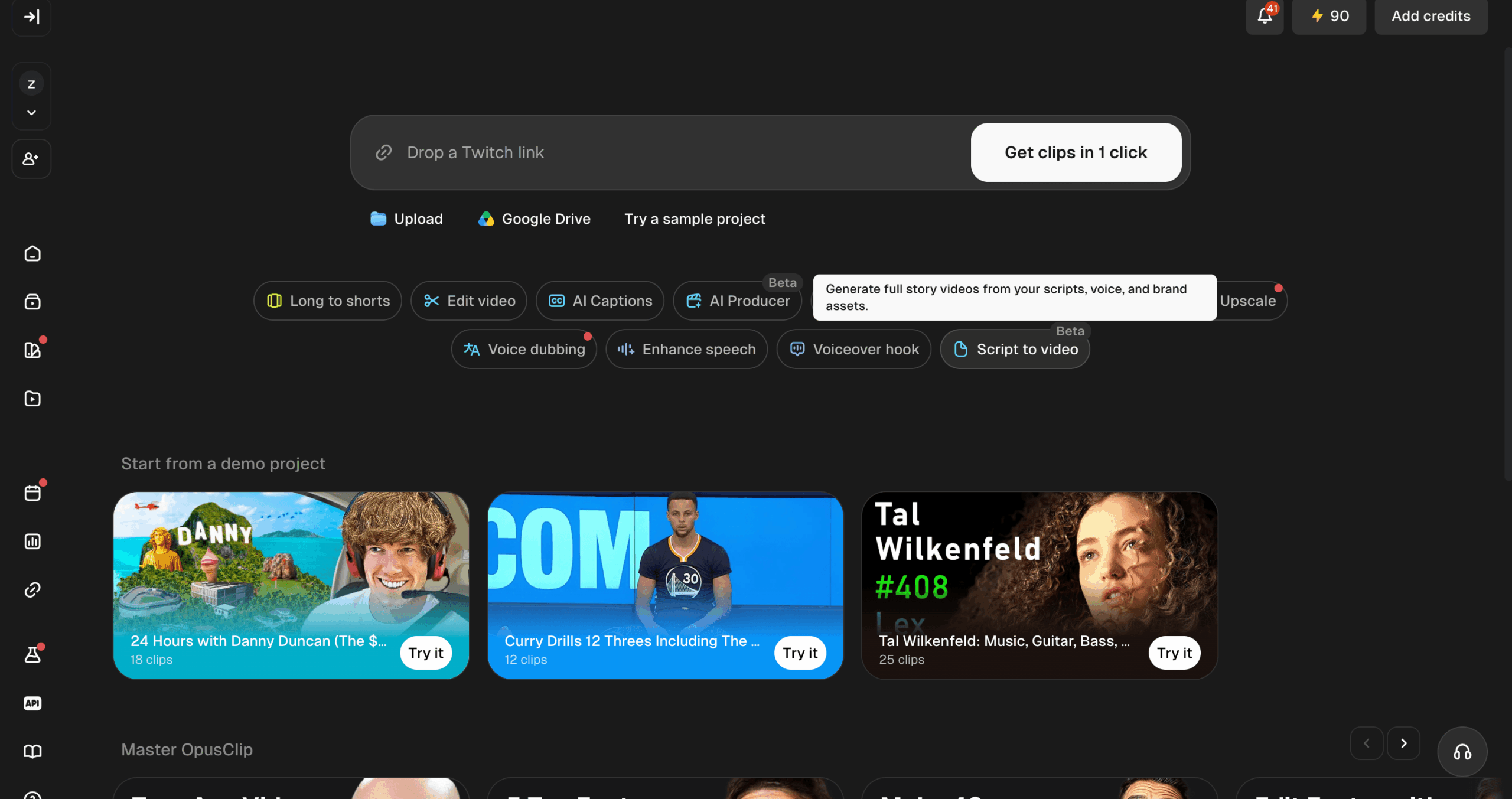 The OpusClip dashboard separates long-to-short clipping from tools such as AI Producer, captions, reframing, and editing.