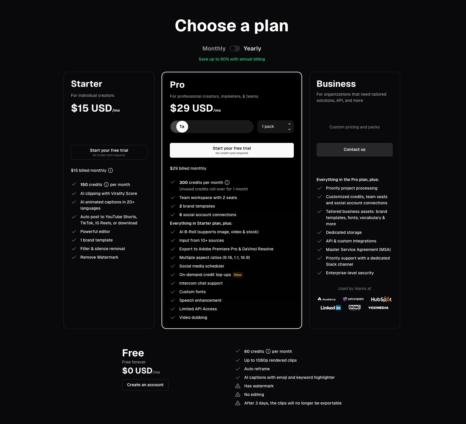 OpusClip currently has a $0 Free plan, a $15 per month Starter plan, a $29 per month Pro plan, and a custom-priced Business plan.