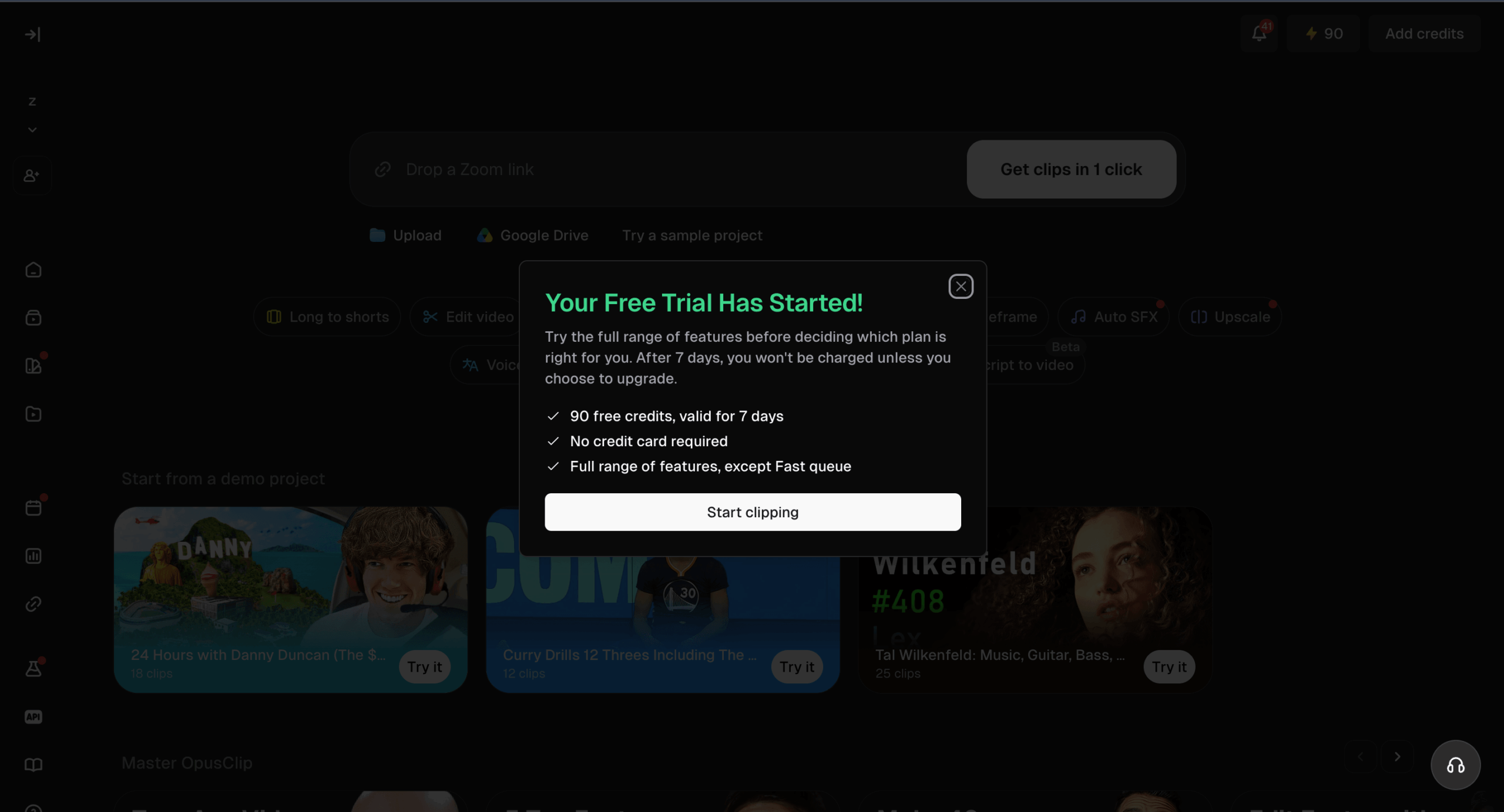 Our test account received a seven-day trial with 90 credits and no credit card required.