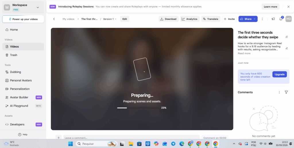 Synthesia rendering the landscape version of our test video, with the progress bar at 23%.