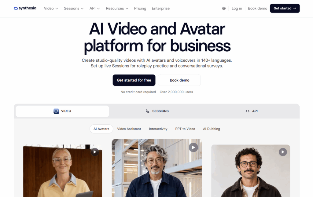 Synthesia homepage showing the AI video and avatar platform headline and sample stock AI avatars