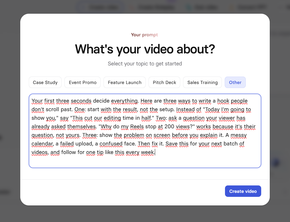Synthesia's "What's your video about?" prompt with our test script on social video hooks pasted in.