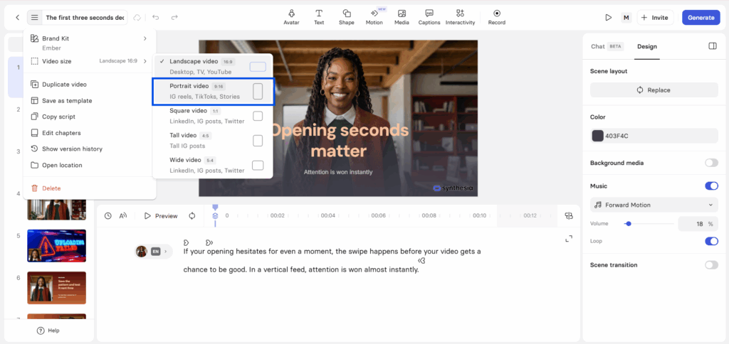 Synthesia video size menu with Portrait video (9:16) selected, labeled for IG Reels, TikTok and Stories.