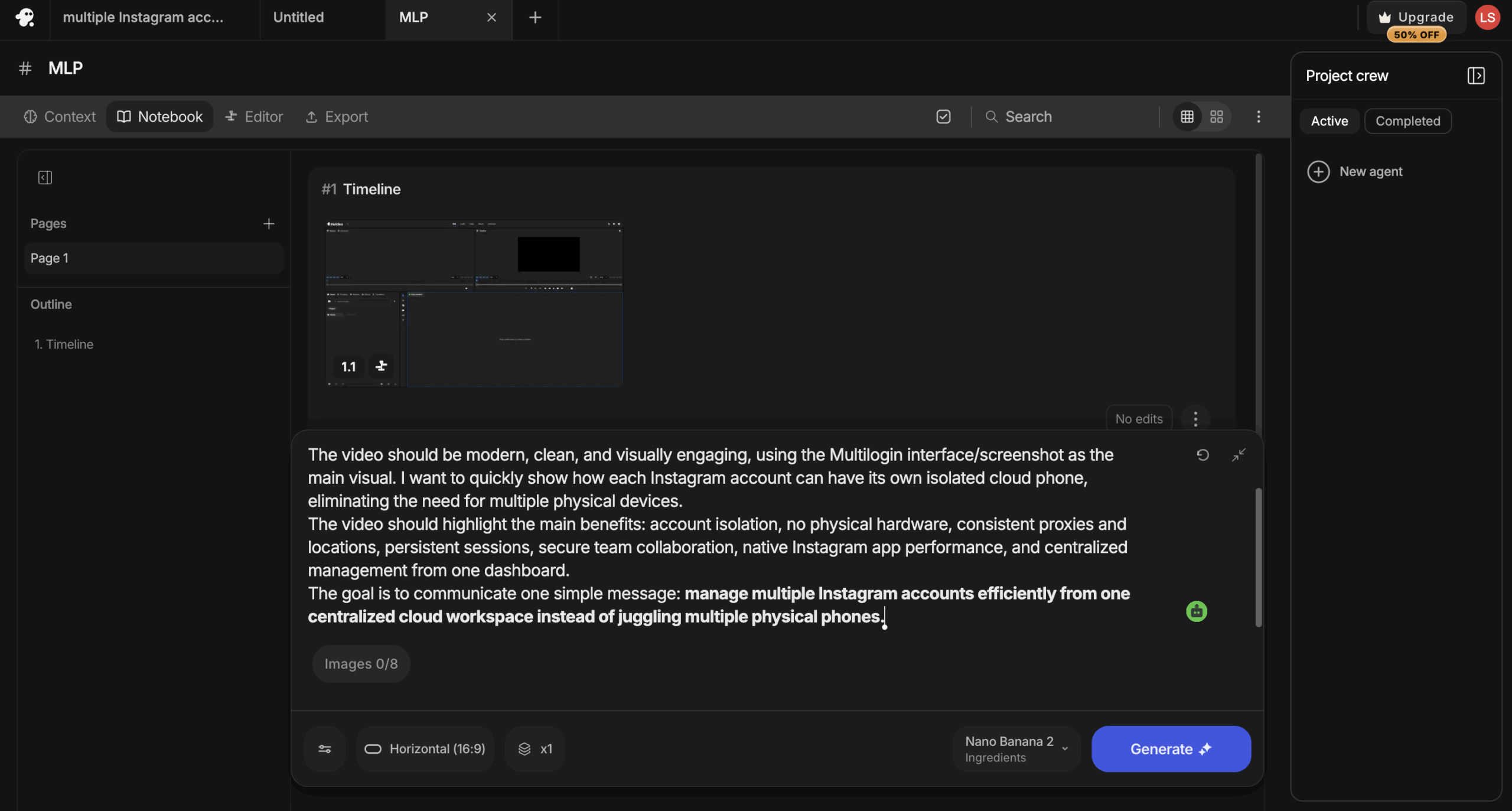 InVideo AI project notebook showing a detailed video brief and generation controls