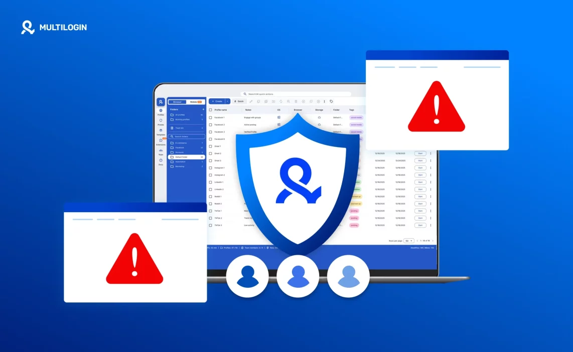 Multilogin интерфейс с щитом защиты на экране ноутбука и предупреждениями о рисках в арбитраже трафика