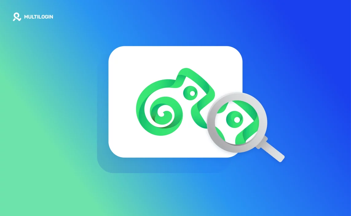 Kameleo antidetect browser logo with magnifying glass illustration on a blue-green gradient background