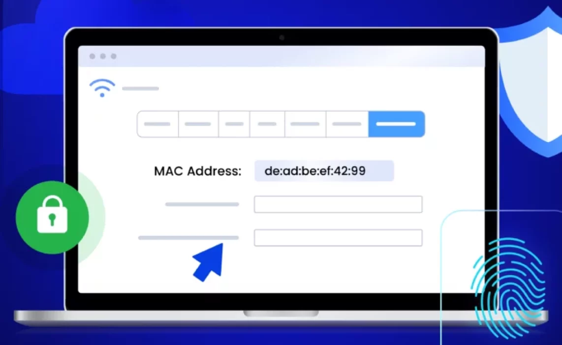 Смена MAC-адреса — экран ноутбука с полем «MAC Address», значком замка и отпечатком пальца (тема: приватность и защита).