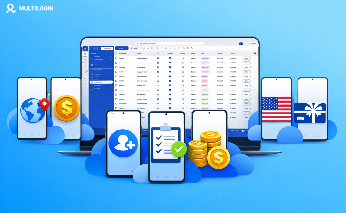 Multilogin cloud phones dashboard with multiple Android devices used to manage different survey profiles and locations for online survey monetization