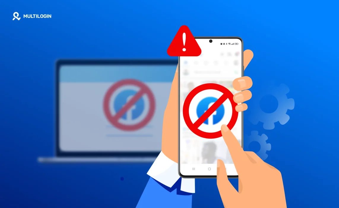 Mobile phone displaying a suspended Facebook account with a warning symbol and blocked icon