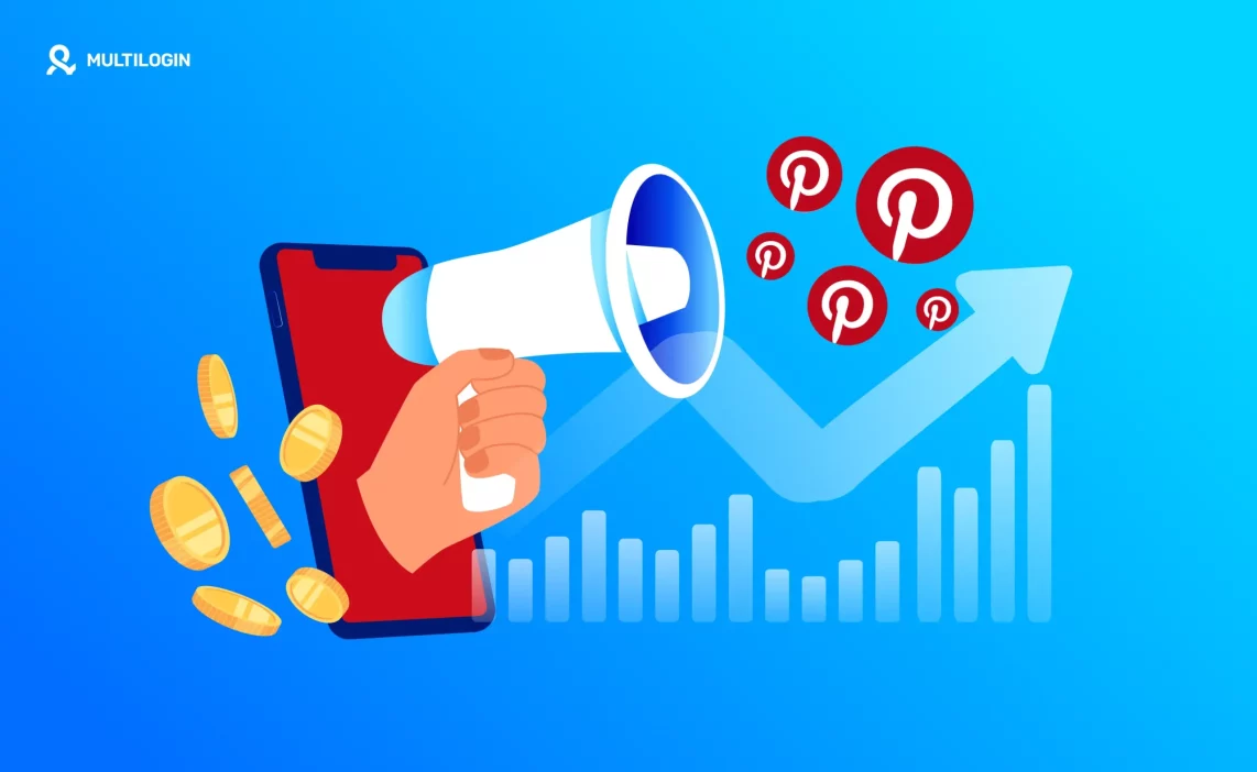Ilustração de celular exibindo um megafone, moedas e ícones do Pinterest em crescimento, representando estratégias para ganhar dinheiro no Pinterest com múltiplas contas e gestão profissional usando o Multilogin.