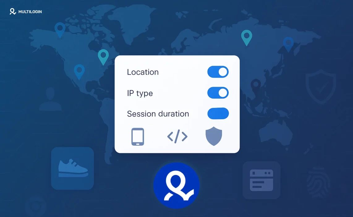 Dashboard visual showing how residential proxies work with global IP locations and use-case icons.