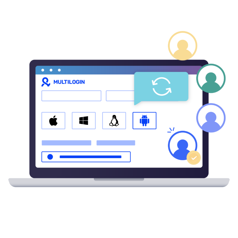 Multilogin dashboard displaying cross-platform account management features with a mobile browser emulator.